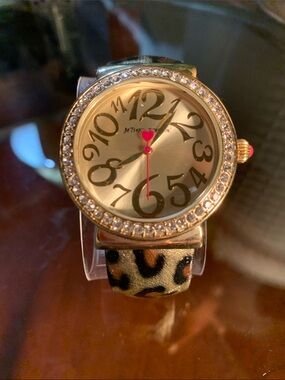 Betsey Johnson Goldtone Crystal Bezel Watch with Leopard Strap & Pink Accents